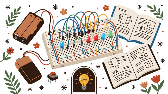 Electronics and learning vector icons with battery, breadboard and manuals for educational infographic in flat glyph style