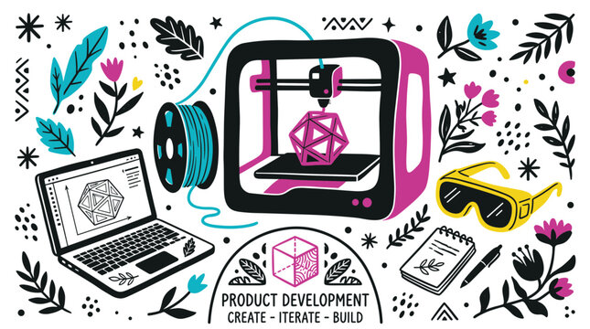 Technology and product development vector icons with 3d printer, laptop and glasses for presentation design in glyph style