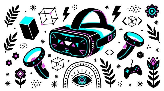 virtual reality and gaming vector icons with headset, controller and 3d cube for technology presentation in neon flat design style