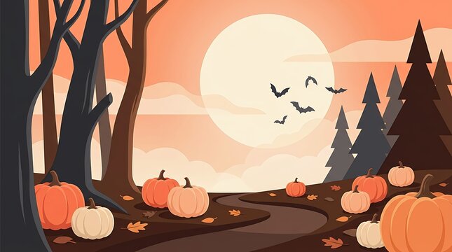 Halloween pumpkin patch in a dark forest at night with a large full moon and flying bats