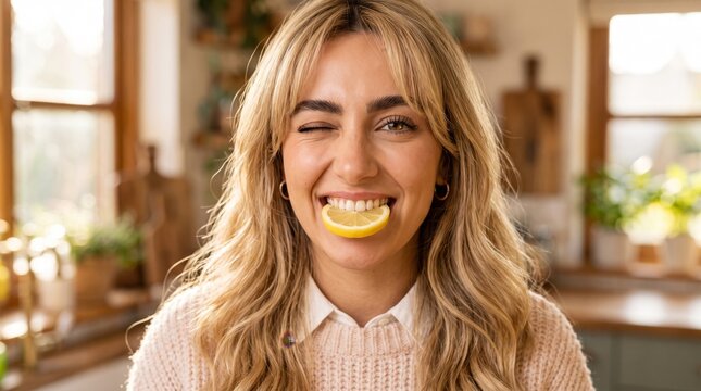 Playful blonde woman winks while holding a fresh lemon slice between her teeth in a bright home kitchen