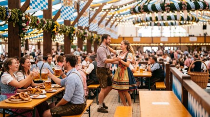 Fototapeta premium Happy couple dances in traditional Bavarian clothing inside a crowded Oktoberfest beer tent in Munich