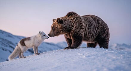 Fototapeta premium Snowy ridge with shaggy brown bear and sleek arctic fox nose-to-nose under pale twilight