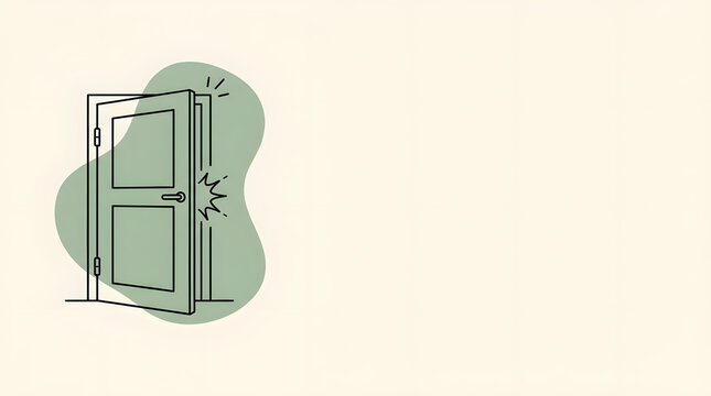 Minimalist line art of an open door with copy space