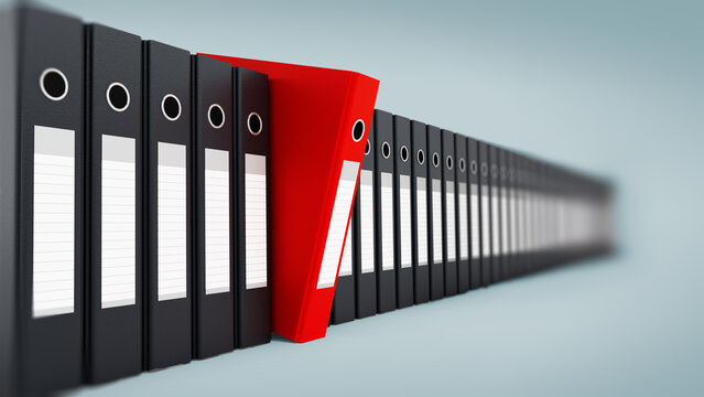 Red folder standing out from black folders. 3D illustration