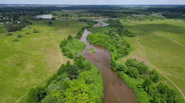 Aerial view of Liwiec river confluence with Bug river in Kamienczyk Poland