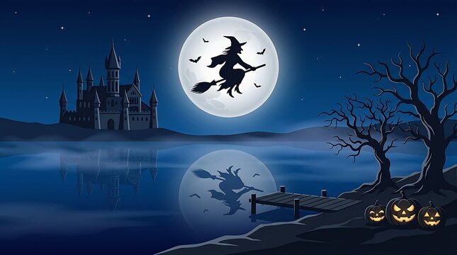 Pixel art witch flying on a broomstick in front of a full moon by a spooky castle