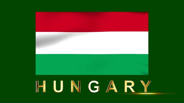 Waving national flag of hungary with golden metal text lettering isolated on green background