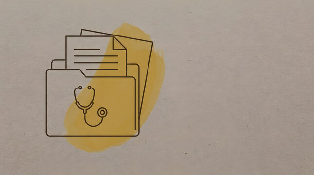 Medical folder with stethoscope line art and yellow watercolor.