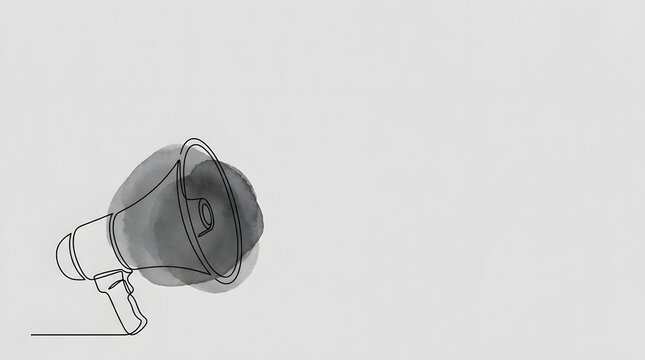 Megaphone line drawing on light grey with abstract dark shape.