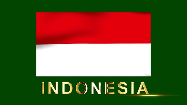 Waving national flag of Indonesia with golden 3D text typography isolated on a dark green background