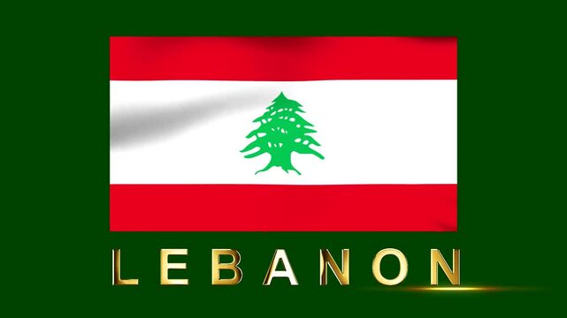 Waving national flag of lebanon with gold typography on dark green background