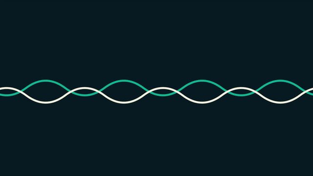 Abstract intertwined sine waves animation: minimalist teal and 4k white oscillating lines on dark background, for technology and, science concepts