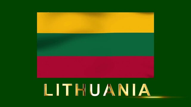 Waving national flag of lithuania with golden typography on a dark green background