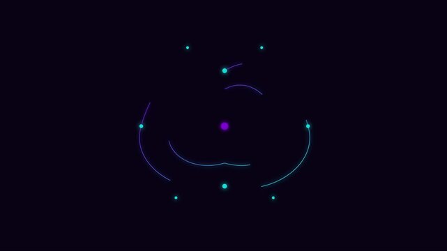 Abstract neon atom orbiting animation with glowing particles and digital energy lines on dark 4k background