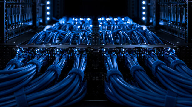 Network Cables Connected to Server Rack in Data Center