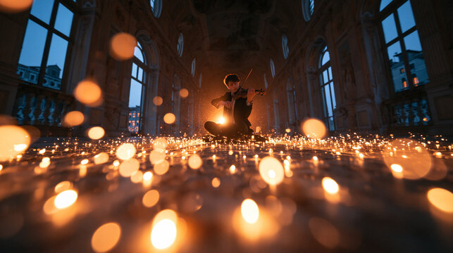 Violinist Playing in Grand Hall Surrounded by Candlelight