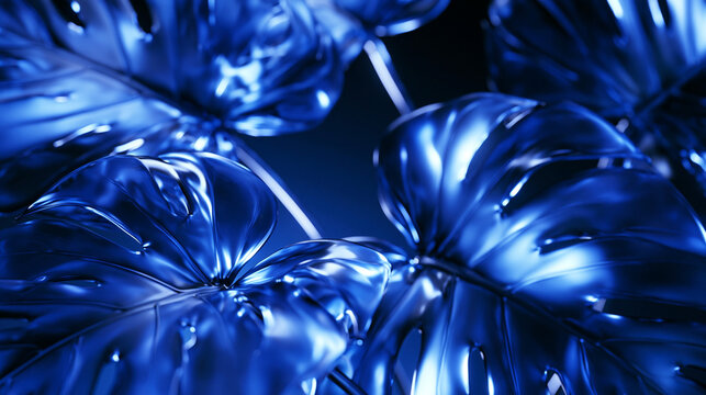 Abstract Glossy Blue Monstera Tropical Leaves Background