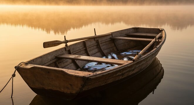 Old wooden rowboat filled with shimmering trout bobbing on a glassy lake at dawn, golden hour, photorealistic