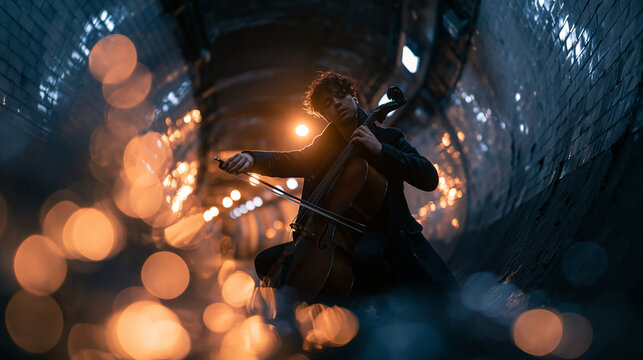 Young Man Playing Cello in Atmospheric Underground Tunnel