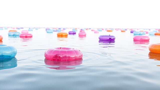 Colorful Floating Water Balloon Yo-yos on Calm River Surface