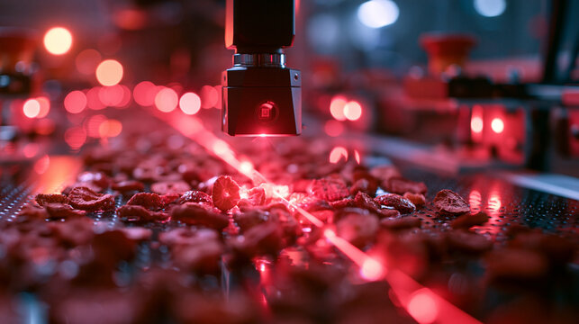 Laser Sensor Inspecting Dried Fruit on Industrial Conveyor Belt