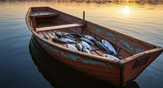 Old wooden rowboat filled with shimmering trout bobbing on a glassy lake at dawn, golden hour, photorealistic