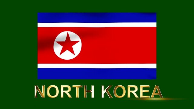 Waving national flag of north korea with metallic golden text on a dark green background