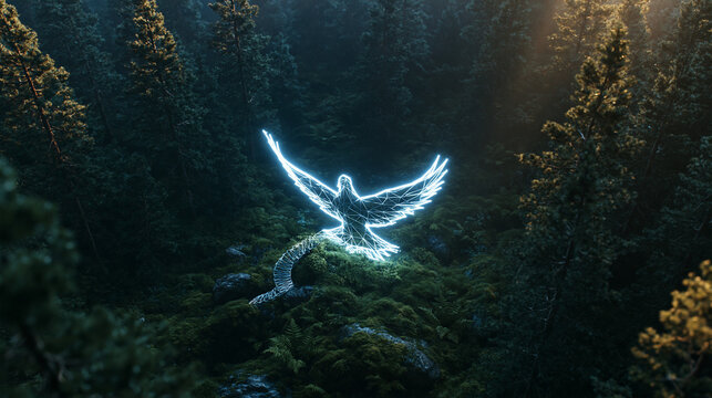 Glowing Digital Wireframe Eagle Flying in Dark Forest