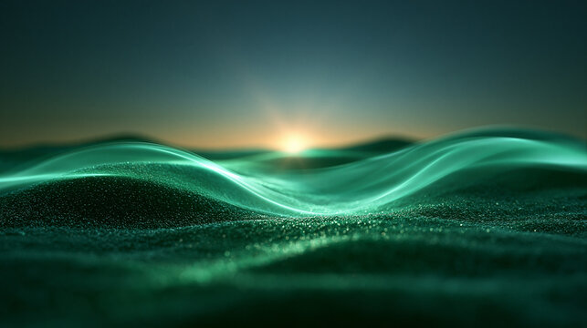 Abstract Green Glowing Waves and Particles with Rising Sun