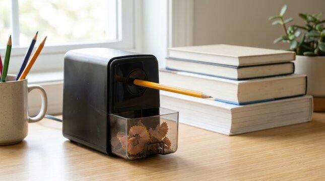 Electric pencil sharpener with yellow pencil on wooden desk. Black sharpener with wood shavings next to stacked books and colored pencils