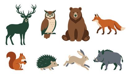 Obraz premium Wild forest animal characters in brown and green tones represent woodland species ideal for environmental posters and biology presentations.