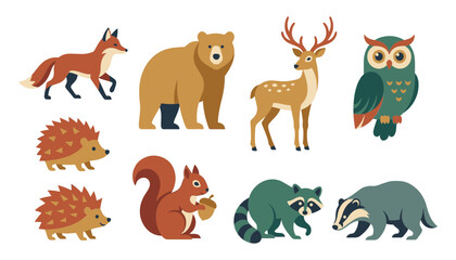 Obraz premium Forest animals collection including fox bear deer owl hedgehog squirrel raccoon badger flat vector illustrations for woodland nursery decor.