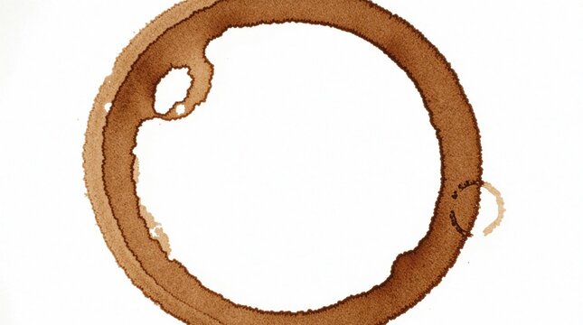 Brown coffee ring stain on a white surface. Irregular circular mark shows texture from spilled liquid. It suggests a casual drink or accidental spill.