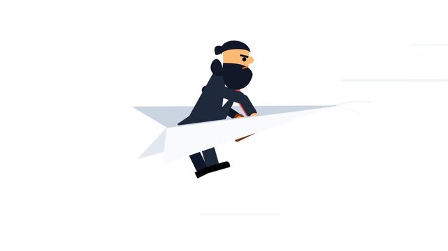 Businessman flying on a paper airplane representing innovation and speed.