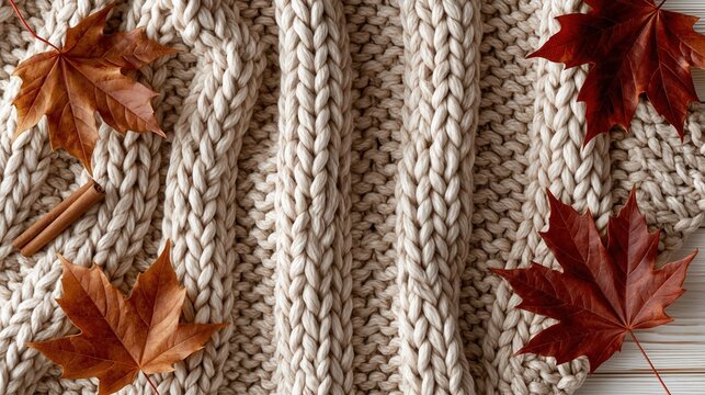Cozy Knitted Blanket with Autumn Leaves and Cinnamon Sticks