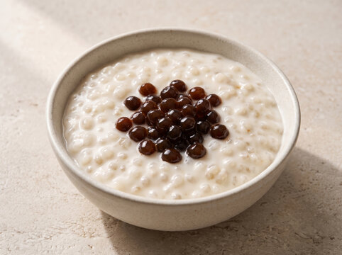 Tapioca pudding topped with black boba pearls in a bowl