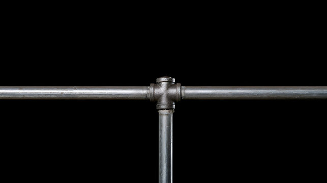 Industrial Galvanized Metal Pipes Connected by a T-Joint Against a Deep Black Background, Representing Connection and Utility