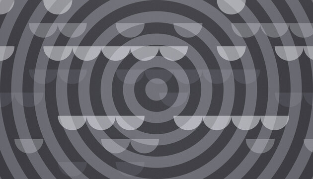 Concentric circles with semi-circular patterns in shades of grey.