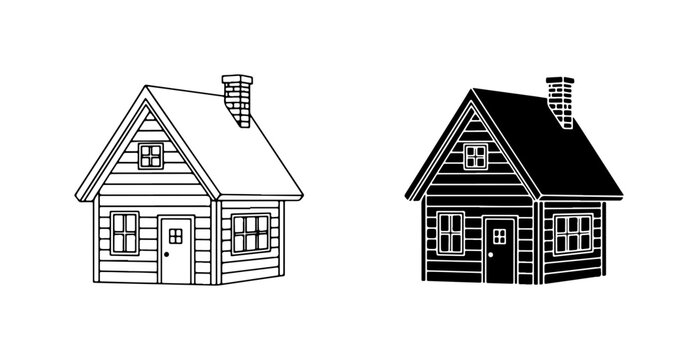 Rustic Log Cabin Vector Icons, Cozy Woodland Dwelling Graphics, Simple Countryside House Illustrations
