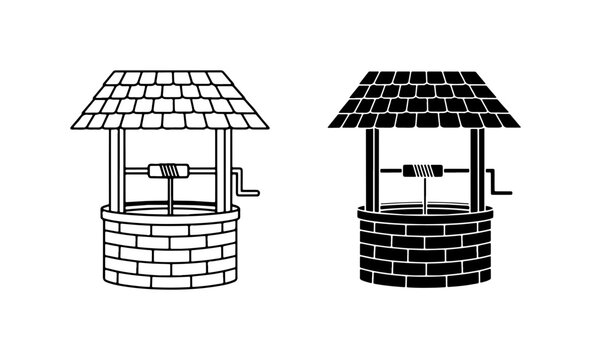 Vintage Well Icons, Water Source Vector Graphics, Rustic Village Elements, Traditional Farm Building Illustrations