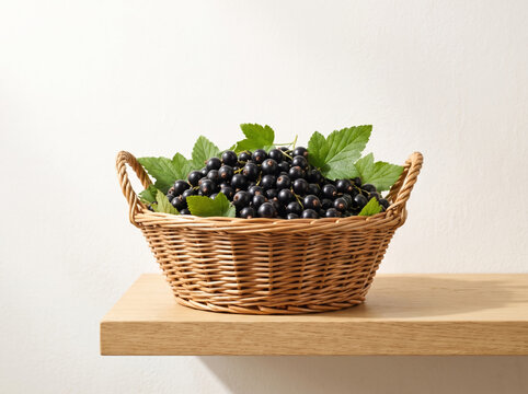 Wicker basket filled with ripe black currants on a wooden shelf