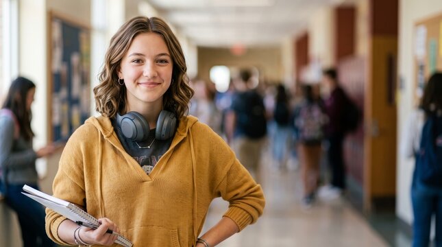 Confident teenage student with headphones and notebooks smiles in a busy high school hallway between classes