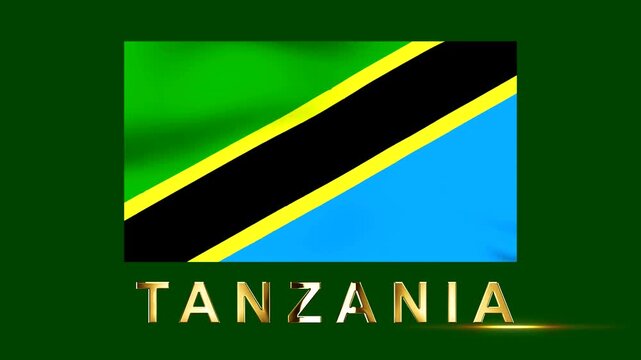 Waving national flag of Tanzania with gold metallic text typography illustration