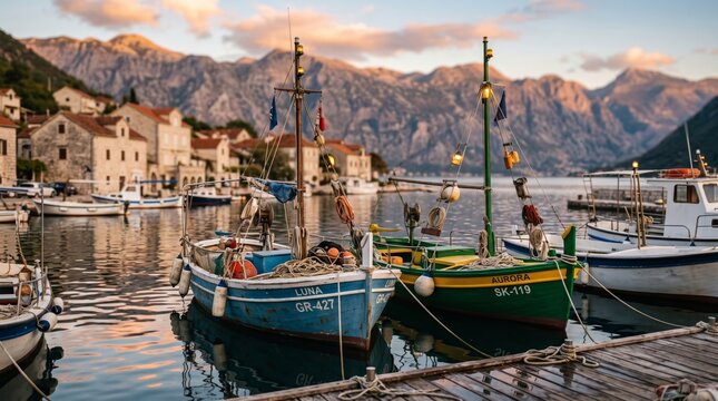 Colorful fishing boats moored in a peaceful Adriatic harbor with stone village houses and mountains at sunset