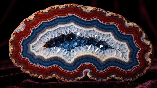 Polished agate stone slab with blue crystal geode center. Natural mineral specimen shows colorful layered patterns in red, blue tones. Macro closeup of organic geology texture on dark velvet