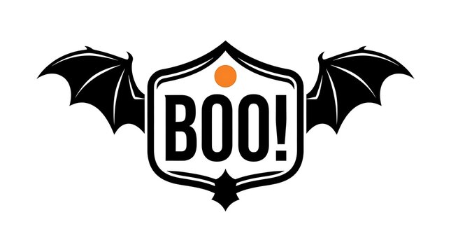 Halloween badge design featuring the word boo with black bat wings on a white background