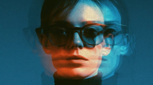 Surreal double exposure portrait of a woman with glasses and color glitch effects in studio lighting