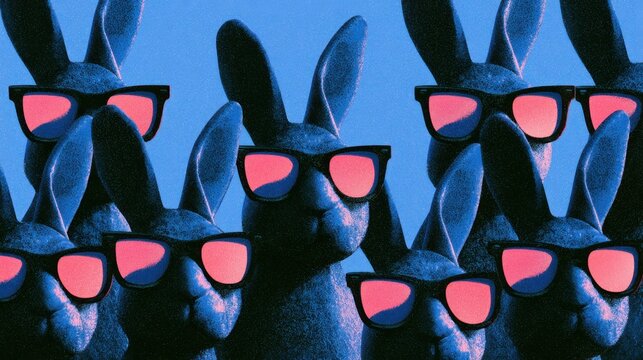 Cool neon bunnies wearing sunglasses in a retro pop art pattern with blue and pink tones