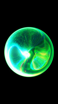 Bright green cyan digital energy sphere with glowing particle patterns, futuristic reflections, and black background.